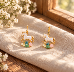 A pair of gold-tone dangle earrings featuring white horse charms with small pastel gemstone accents, displayed on a textured beige fabric next to white flowers.