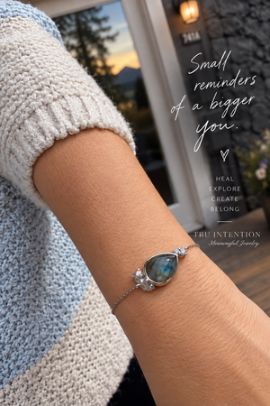 Unbroken sterling silver labradorite bracelet worn on wrist