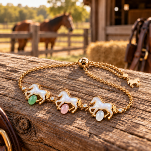 A gold-tone bracelet with three horse charms, each set with a white iridescent stone and a small dangling green, pink, and white bead, displayed on a rustic wooden log with a blurred barn and horse in the background.