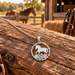 A silver necklace with a circular pendant featuring a white horse and small multicolored stones, resting on a rustic wooden fence with a blurred barn and horse in the background.