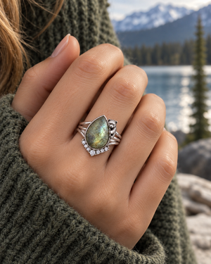 Becoming sterling silver labradorite ring worn on hand