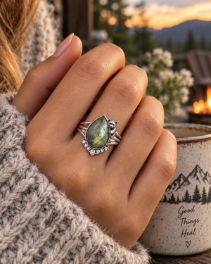 Becoming sterling silver labradorite ring worn outdoors