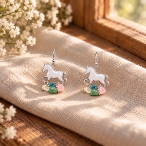 A pair of silver horse drop earrings with small pastel gemstone accents, displayed on a beige fabric surface near a wooden window frame with white flowers.