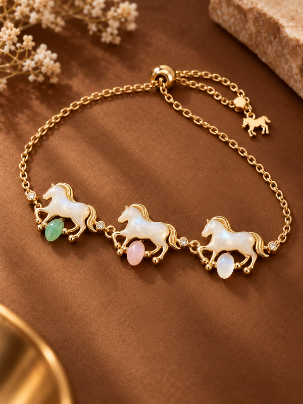 A gold chain bracelet featuring three running horse charms made of milky white stone, each with a small teardrop gemstone in green, pink, and white. The bracelet is styled on a brown textured background with dried flowers and a stone prop.